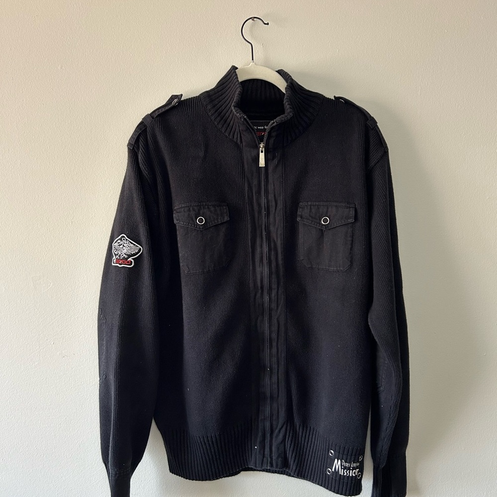 Black Zip Up Sweater with High Collar